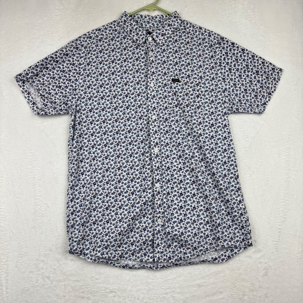 RVCA Mens Large Slim Fit Short Sleeve Button Up Shirt Floral Print White Blue